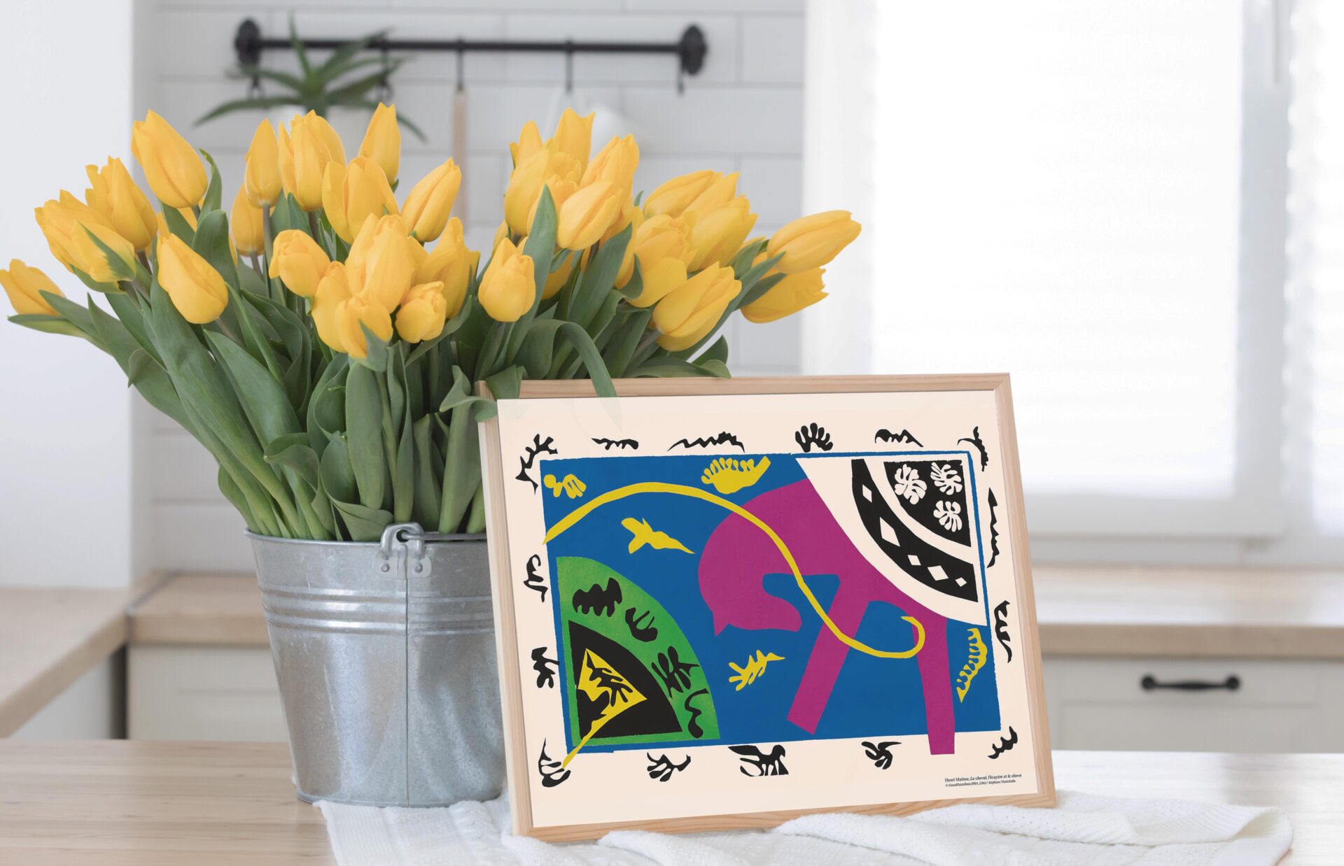 Kitchen interior with a fresh bouquet of tulips.
