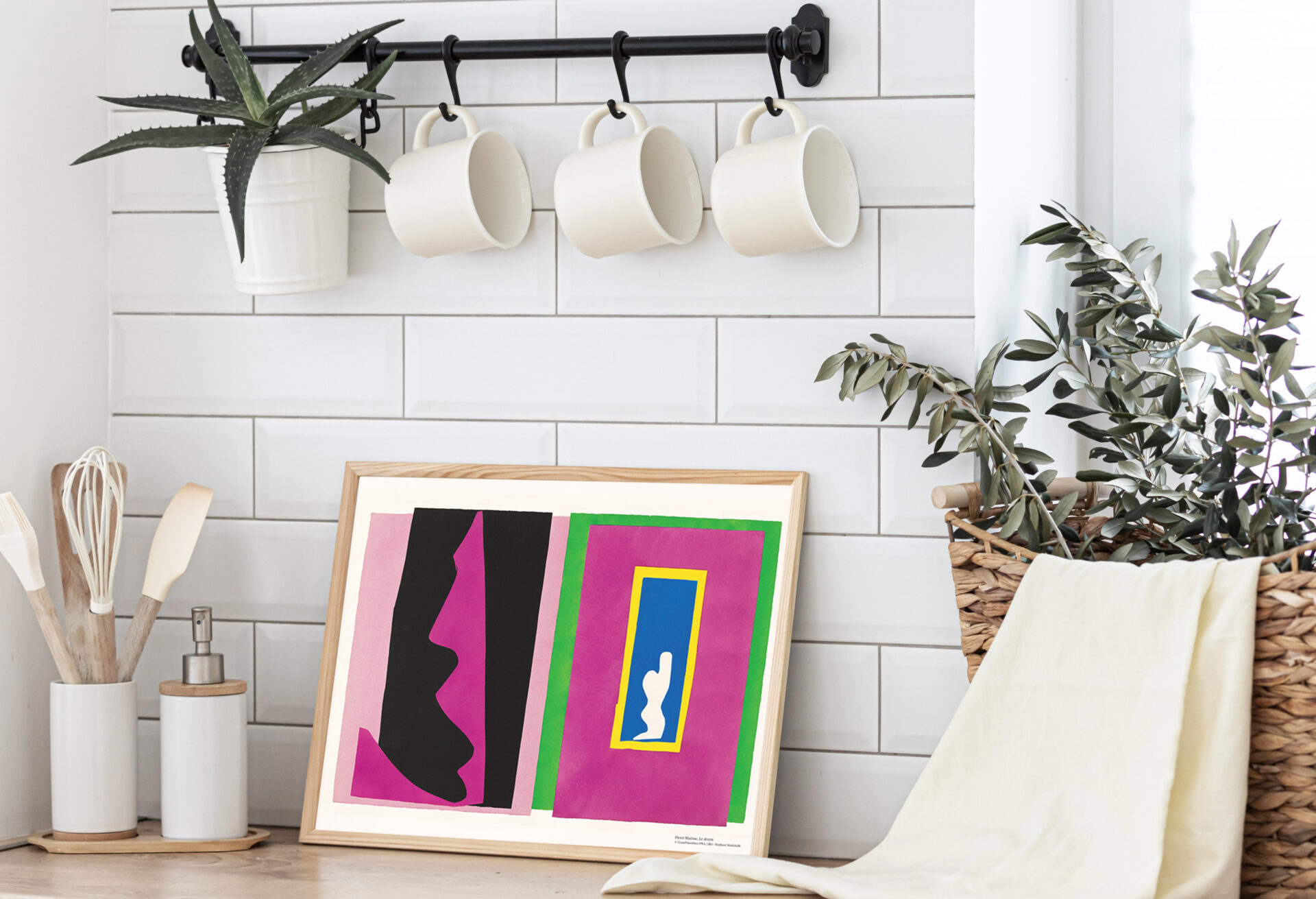 Mock up frame in kitchen interior background. Scandinavian home design.