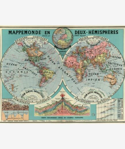 Affiche «Mappemonde en 2 hémisphères» - 80 x 60 cm